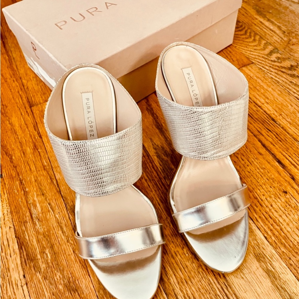 NIB Pura Lopez Metallic Snake Skin Silver Gold Sandals Slides High Heels NEW - Picture 2 of 6